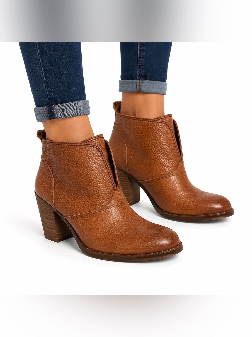 Lucky Brand Cognac Leather Stacked Heel Ankle BootiesWomen size 8
